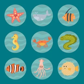 Sea animals vector creatures characters cartoon ocean wildlife marine underwater Stock Illustration