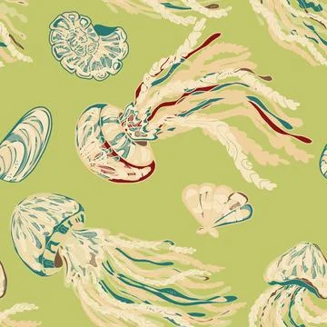 Sea animals vector seamless pattern. Bright graceful colorful textured jellyf Stock Illustration