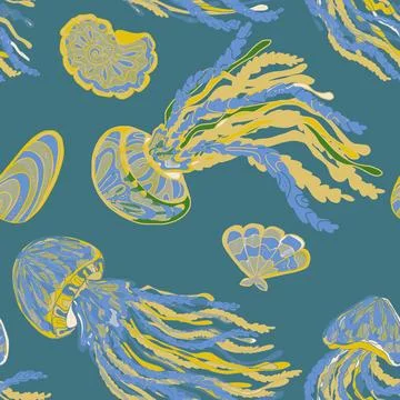 Sea animals vector seamless pattern. Bright graceful colorful textured jellyf イラスト素材