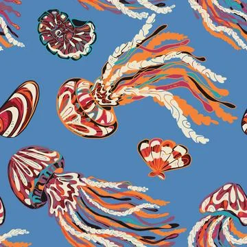 Sea animals vector seamless pattern. Bright graceful colorful textured jellyf Illustrazione stock