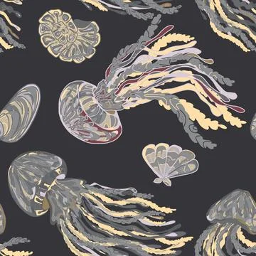 Sea animals vector seamless pattern. Bright graceful colorful textured jellyf Illustrazione stock
