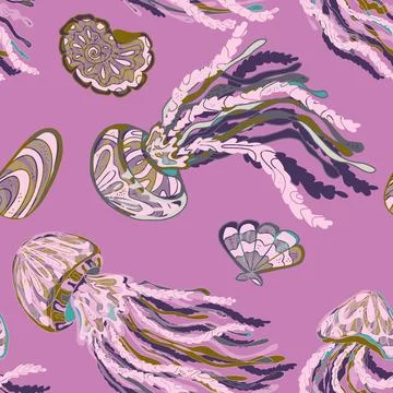 Sea animals vector seamless pattern. Bright graceful colorful textured jellyf Illustrazione stock