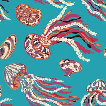 Sea animals vector seamless pattern. Bright graceful colorful textured jellyf Illustrazione stock