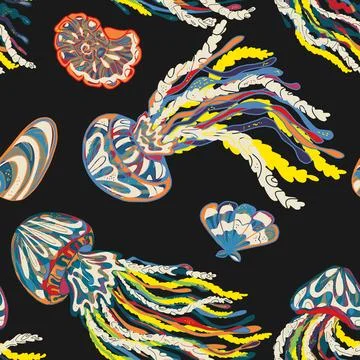 Sea animals vector seamless pattern. Bright graceful colorful textured jellyf Stockillustratie