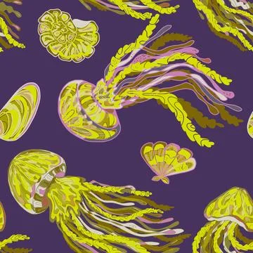 Sea animals vector seamless pattern. Bright graceful colorful textured jellyf Illustrazione stock