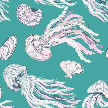 Sea animals vector seamless pattern. Bright graceful colorful textured jellyf Illustrazione stock