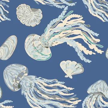Sea animals vector seamless pattern. Bright graceful colorful textured jellyf Stock Illustration