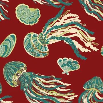 Sea animals vector seamless pattern. Bright graceful colorful textured jellyf Stock Illustration