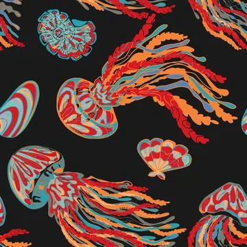 Sea animals vector seamless pattern. Bright graceful colorful textured jellyf Illustrazione stock