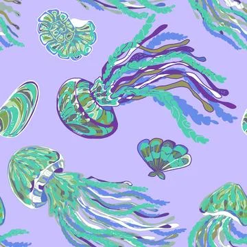 Sea animals vector seamless pattern. Bright graceful colorful textured jellyf Illustrazione stock