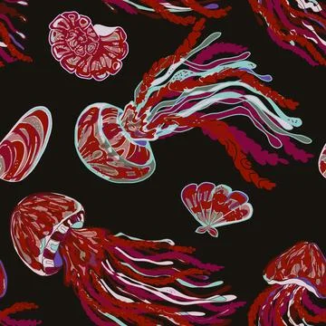 Sea animals vector seamless pattern. Bright graceful colorful textured jellyf イラスト素材
