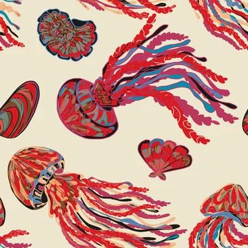 Sea animals vector seamless pattern. Bright graceful colorful textured jellyf イラスト素材