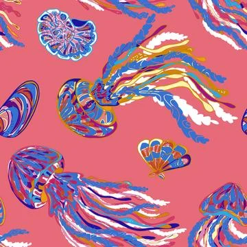Sea animals vector seamless pattern. Bright graceful colorful textured jellyf Stock Illustration