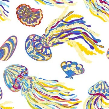 Sea animals vector seamless pattern. Bright graceful colorful textured jellyf Illustrazione stock