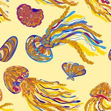 Sea animals vector seamless pattern. Bright graceful colorful textured jellyf Stock Illustration