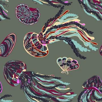 Sea animals vector seamless pattern. Bright graceful colorful textured jellyf Stockillustratie
