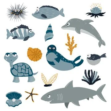 Sea animals on a white background. Cute and funny Inhabitants of the marine u Illustrazione stock