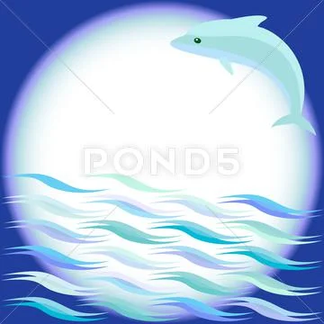 Sea background with jumping dolphin Stock Illustration