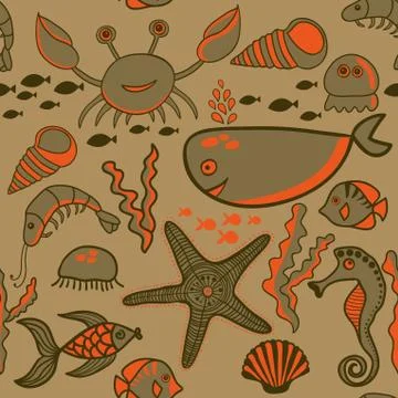 Sea background, marine vector seamless pattern with fish, crab,seaweed, starf Stock Illustration