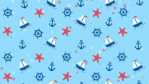 Sea background pattern with ships, starfishes and anchors Stock Footage 106653763