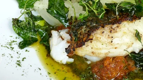 Sea bass steak with sauce Stock Footage