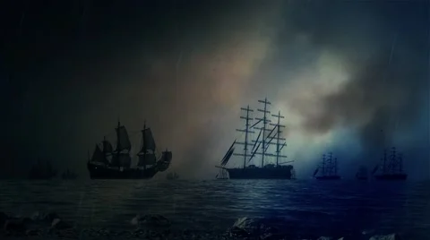 Sea Battle Between Two Fleet Under a Lightning Storm and Rain Stock Footage 64231911