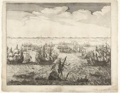 Sea Battle at Terheide (right page), 1653. Judgebud of a large show in two... Stock Photos