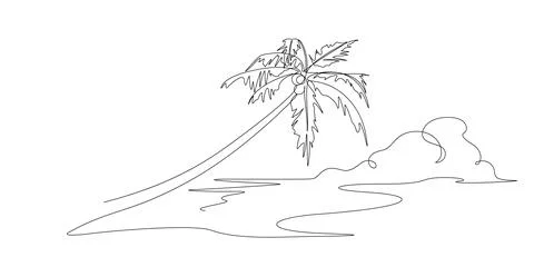 Sea beach coconut tree scenes one line drawing illustration Stock Illustration