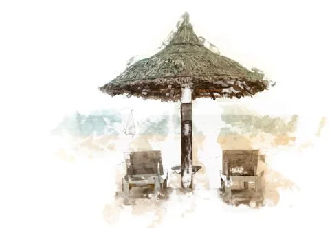 Sea beach with the two beach beds 스톡 일러스트