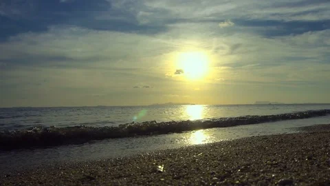 Sea Beach with Waves at Sunset, slow motion Stock Footage 74589268