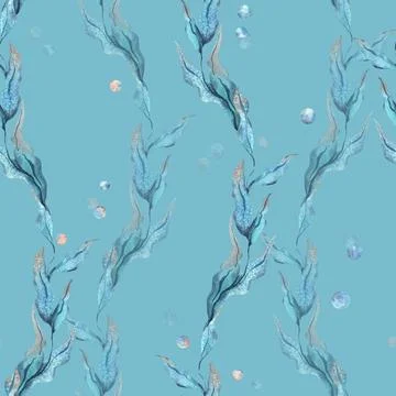 Sea blue algae with leaves wriggling in a wave with bubbles. Watercolor Stock Illustration