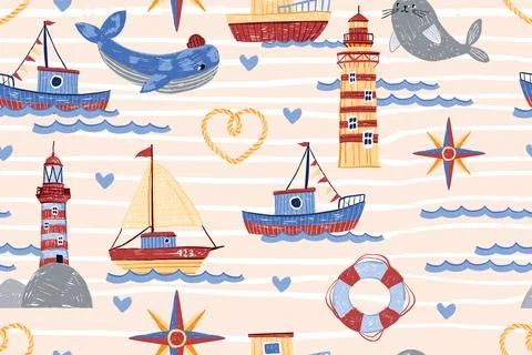 Sea boat seamless pattern, ship ocean kids texture, vector hand drawn Stock Illustration