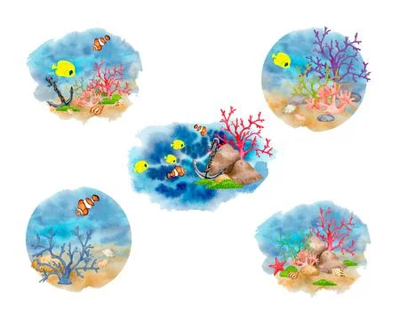 Sea bottom. Coral reef, shellfish, tropical fish. Stock Illustration