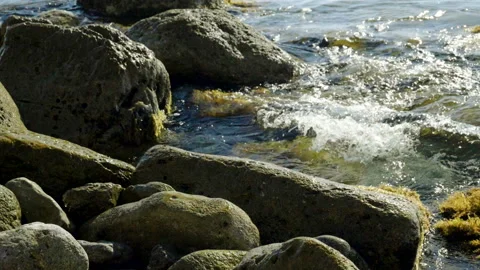 Sea breakers. Large waves rolling onto the rocky shore. Slow motion. HD Stock Footage 108166851