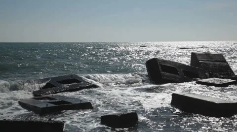 Sea with breakwaters in a storm Stock Footage 2923358
