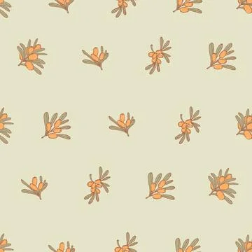 Sea Buckthorn Seamless Pattern. Branch Orange Berries and Leaves on Light G.. Illustrazione stock