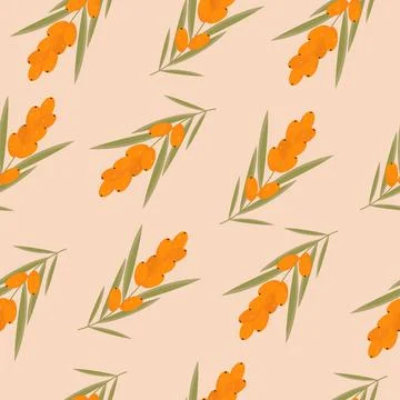 Sea buckthorn seamless pattern with orange berries Stock Illustration