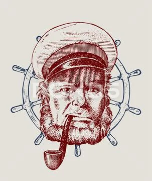 Sea captain and steering wheel, marine old sailor with pipe or bluejacket Stock Illustration