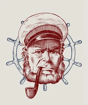 Sea captain and steering wheel, marine old sailor with pipe or bluejacket Stock Illustration