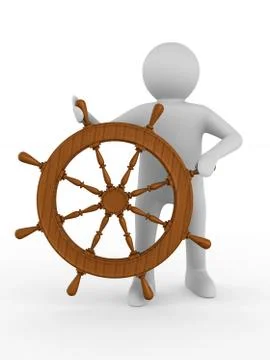 Sea captain with steering wheel on white background. Isolated 3D illustration Stock Illustration