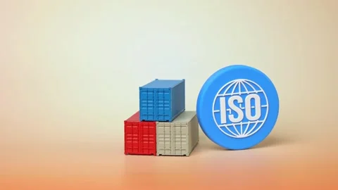 Sea cargo containers and an ISO symbol. Standards and regulations. Concept of Stock Footage 346760798