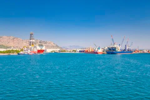 Sea cargo port for loading container ships, on the Mediterranean coast, cranes Stock Photos