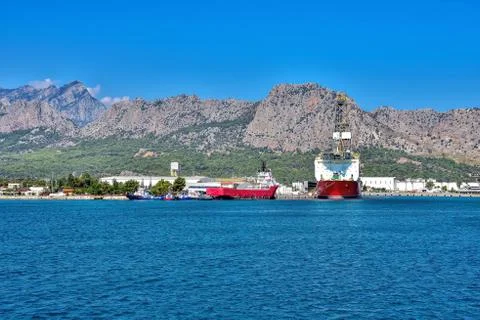 Sea cargo port for loading container ships, on the Mediterranean coast Stock Photos