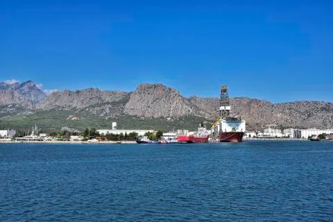 Sea cargo port for loading container ships, on the Mediterranean coast Stock Photos