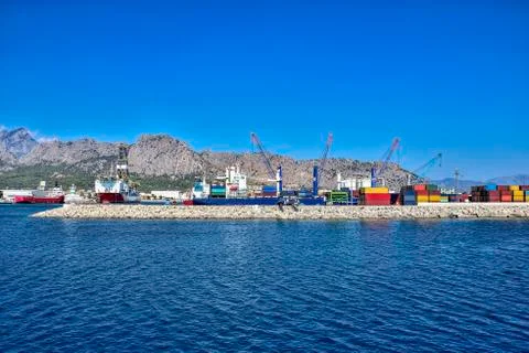 Sea cargo port for loading container ships, on the Mediterranean coast Stock Photos