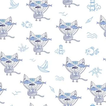 Sea Cat Vector Pattern Stock Illustration