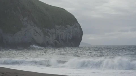 Sea Cliff and Breaking Waves at Santa Barbara Beach Sao Miguel Stock Footage 346773505