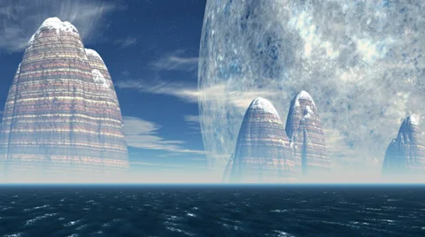 Sea cliffs on the background of the huge planet 스톡 동영상 33057568