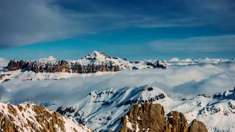 Sea of clouds arround Sella Group  mountain in timelapse Stock Footage 135263221