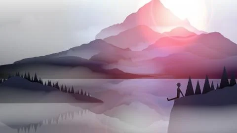Sea Coast with High Cliffs and Man Sitting on the Edge - Vector Illustration Stock Illustration